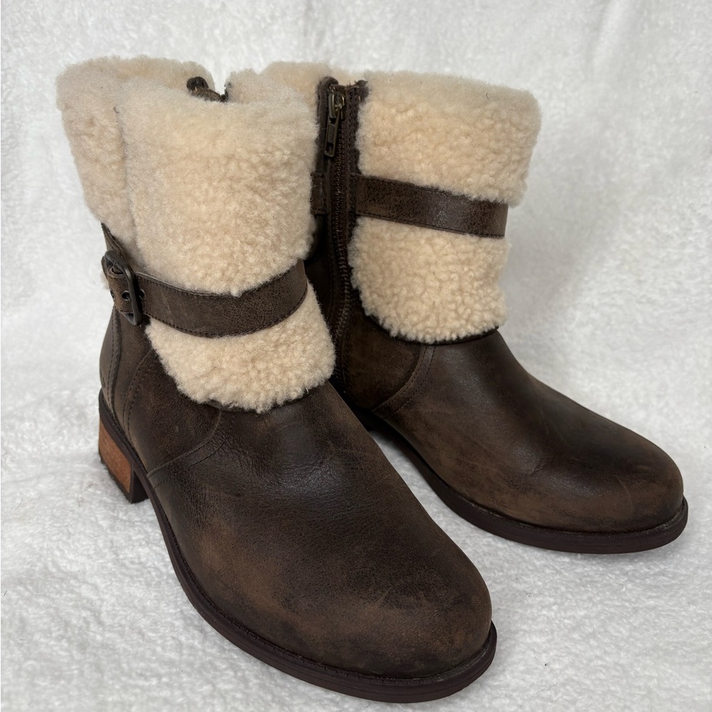 UGG Blayre II Distressed Brown Leather Shearling Cuff Belted Ankle Boots